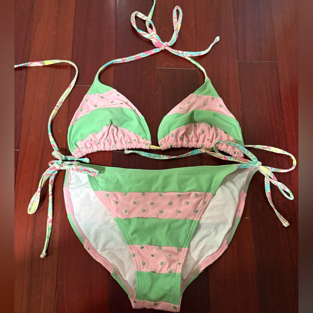 Lilly Pulitzer Pink & Green Stripe and Polka Dot Bikini Set size 8